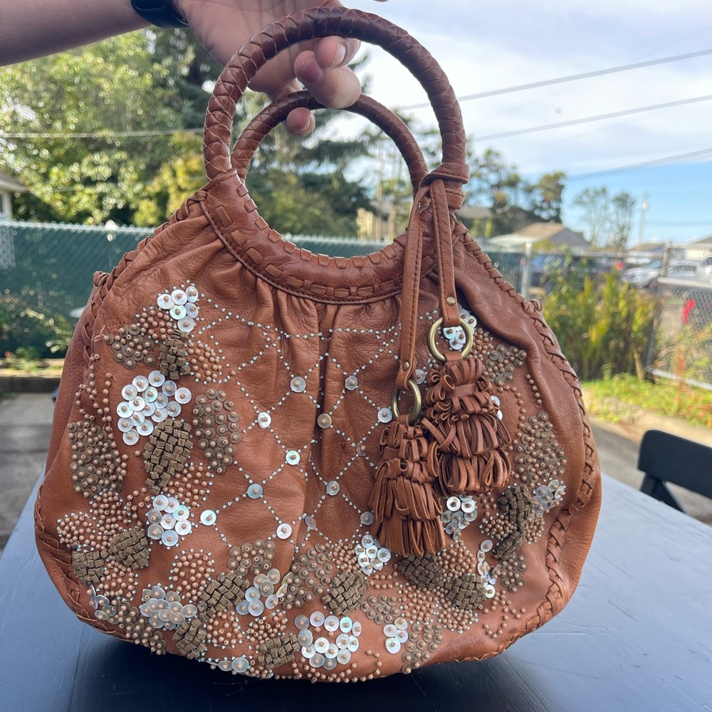 Vintage Isabella Fiore Embellished Coco Puff Beaded Brown Leather Handbag
